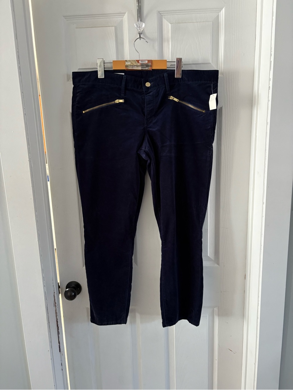 Women's Navy Skinny Corduroy Pants with Gold Zippers